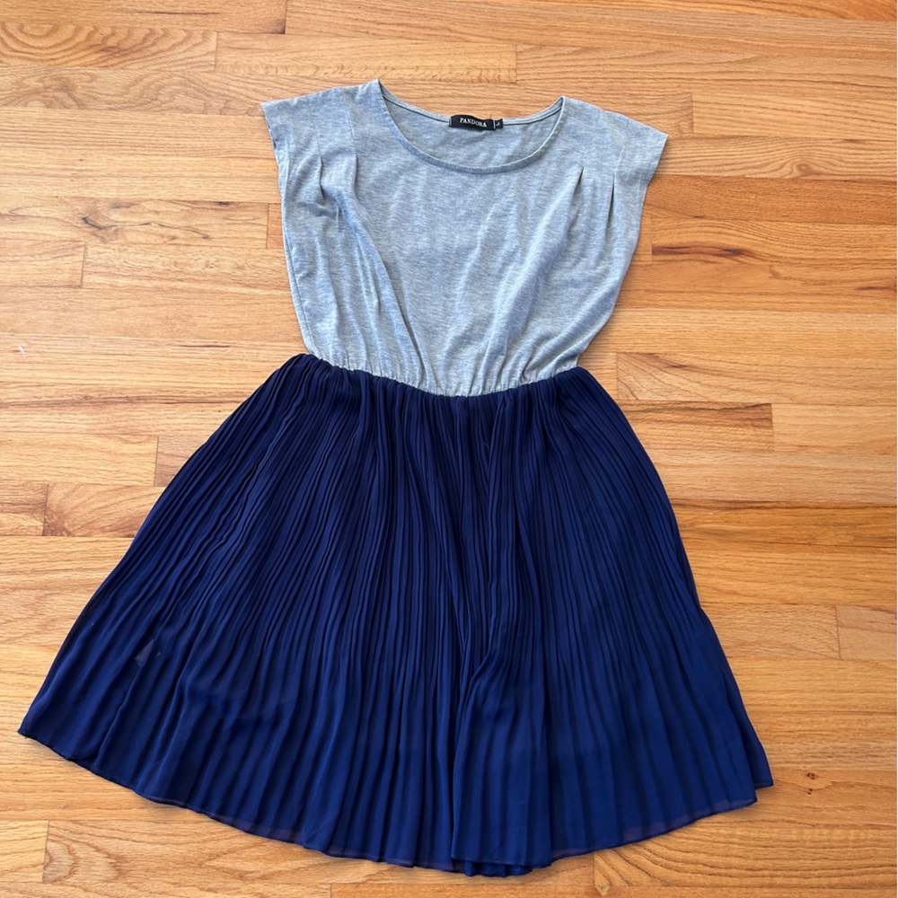 Pandora Gray Top Navy Pleated Girls Dress